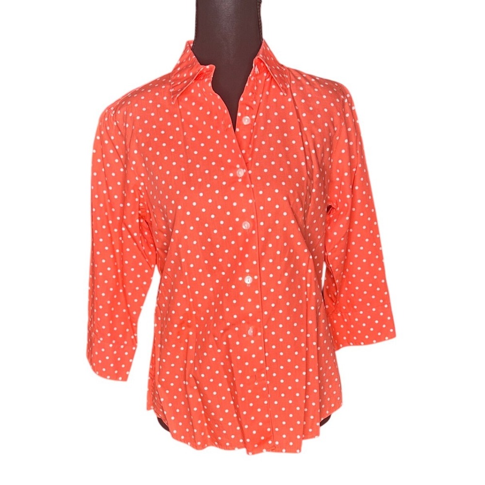 Foxcroft Wrinkle Free Shaped Fit Orange White Polka Dot Button Down Shirt 4P
